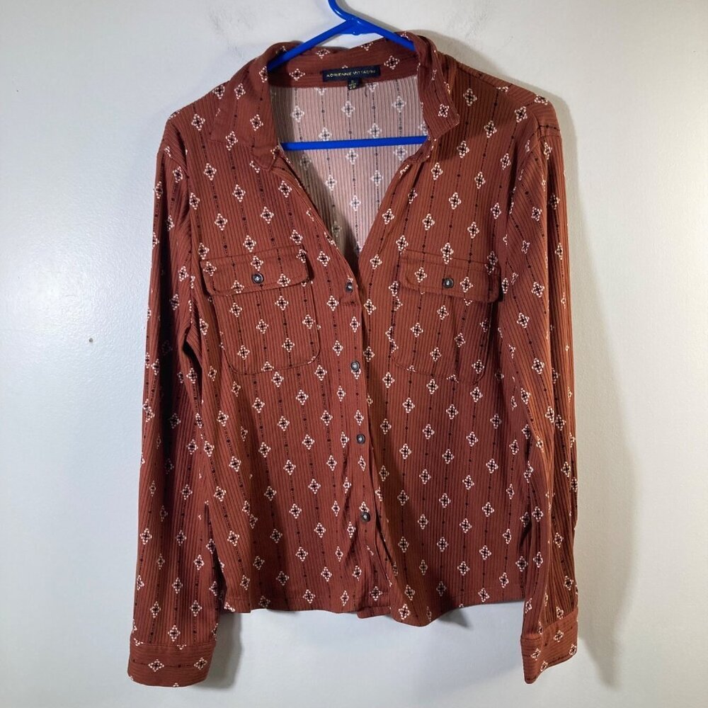 Womens‎ Adrienne Vittadini Roll Sleeve 1/2 Button Shirt XL Brown White Diamonds